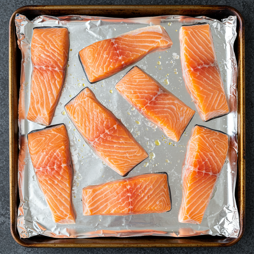 broiled-salmon-belly-preparation-baking-sheet