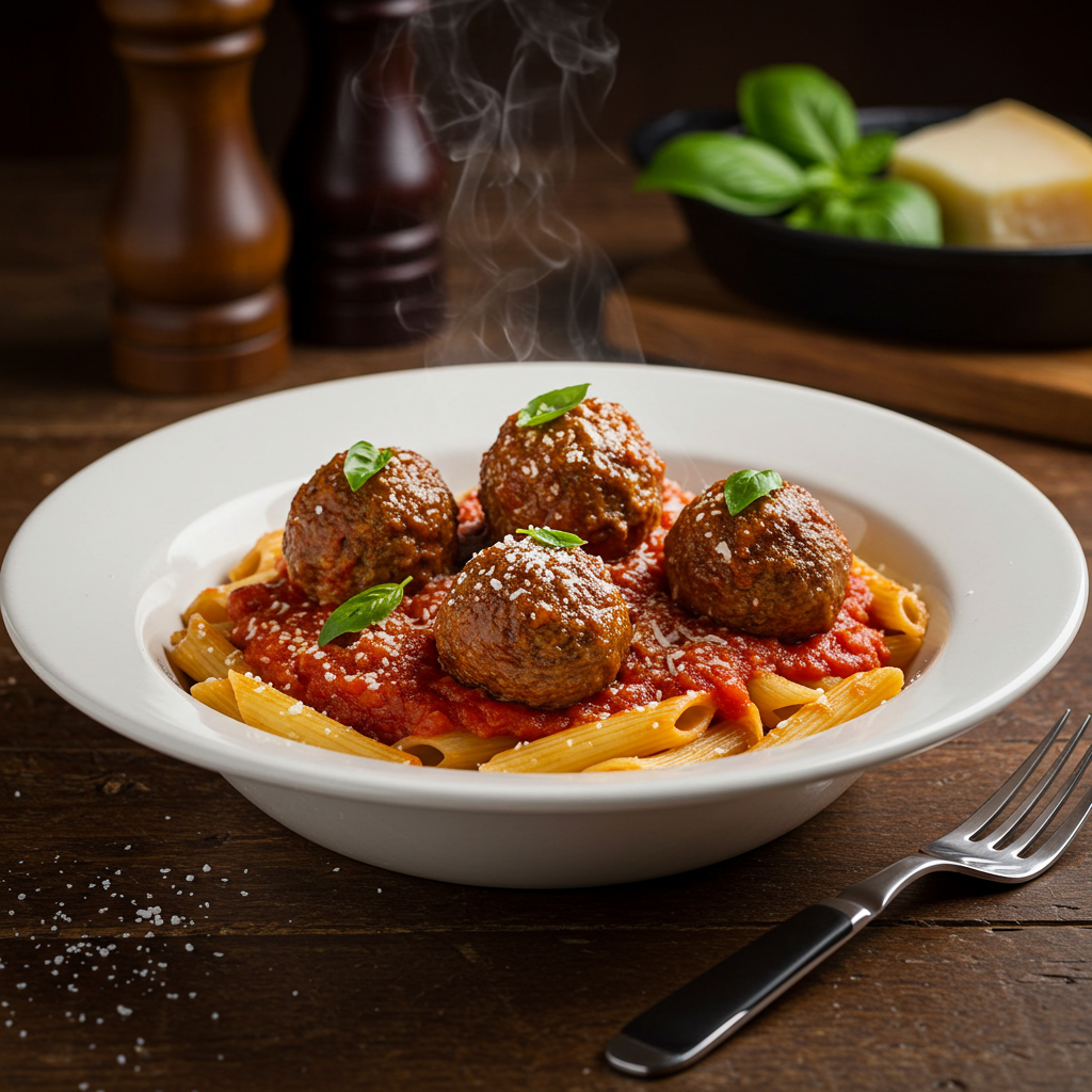 Finished Wagyu Meatballs with Pasta
