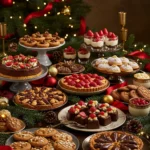 Christmas dessert recipes collection featuring holiday cookies, cakes, and treats arranged on festive table with twinkling lights and pine decorations