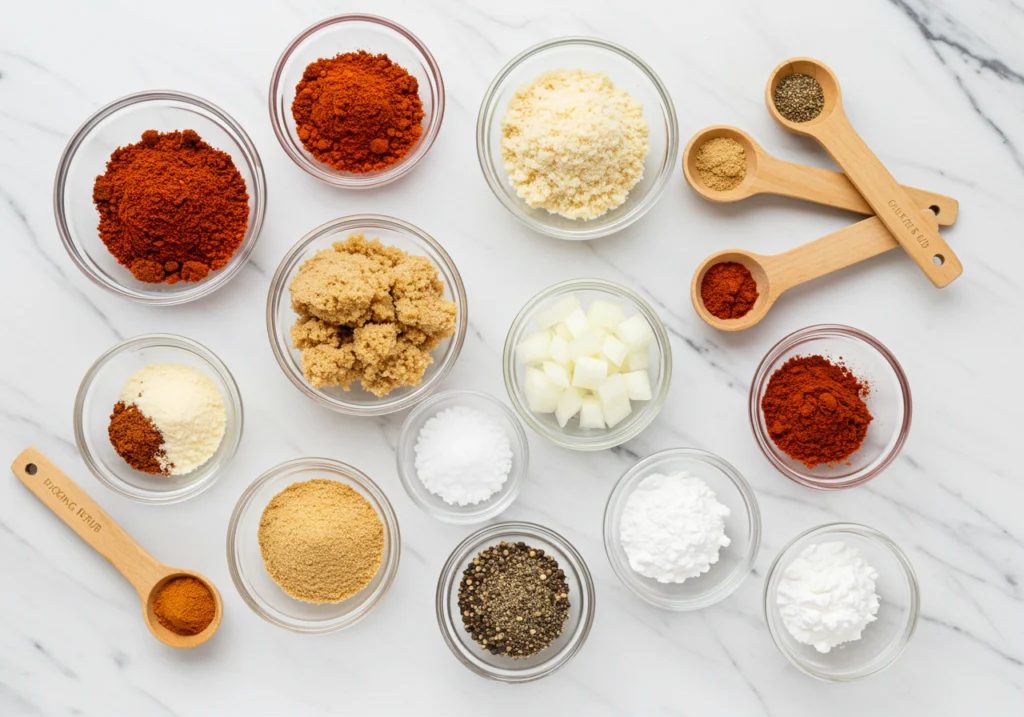 Chicken wing rub recipe ingredients including smoked paprika, brown sugar, and spices arranged in bowls