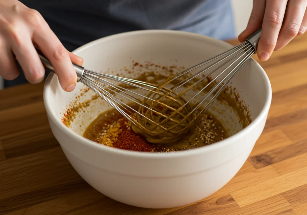 Making the best chicken wing rub by whisking spices together in mixing bowl