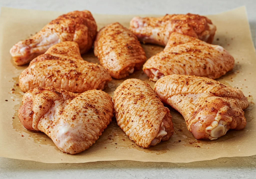 Raw chicken wings coated with easy chicken wing rub seasoning before cooking