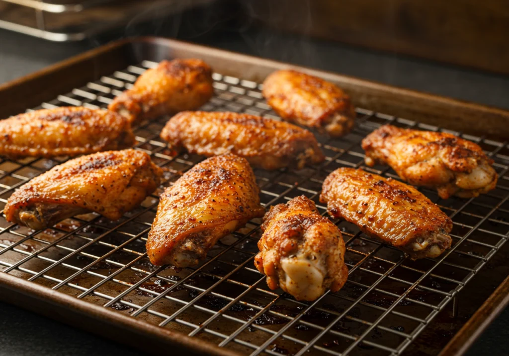 Crispy oven-baked chicken wings with homemade dry rub on wire cooling rack
