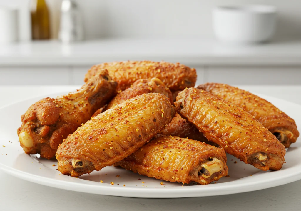Air fryer chicken wings with dry rub seasoning showing perfect crispy texture