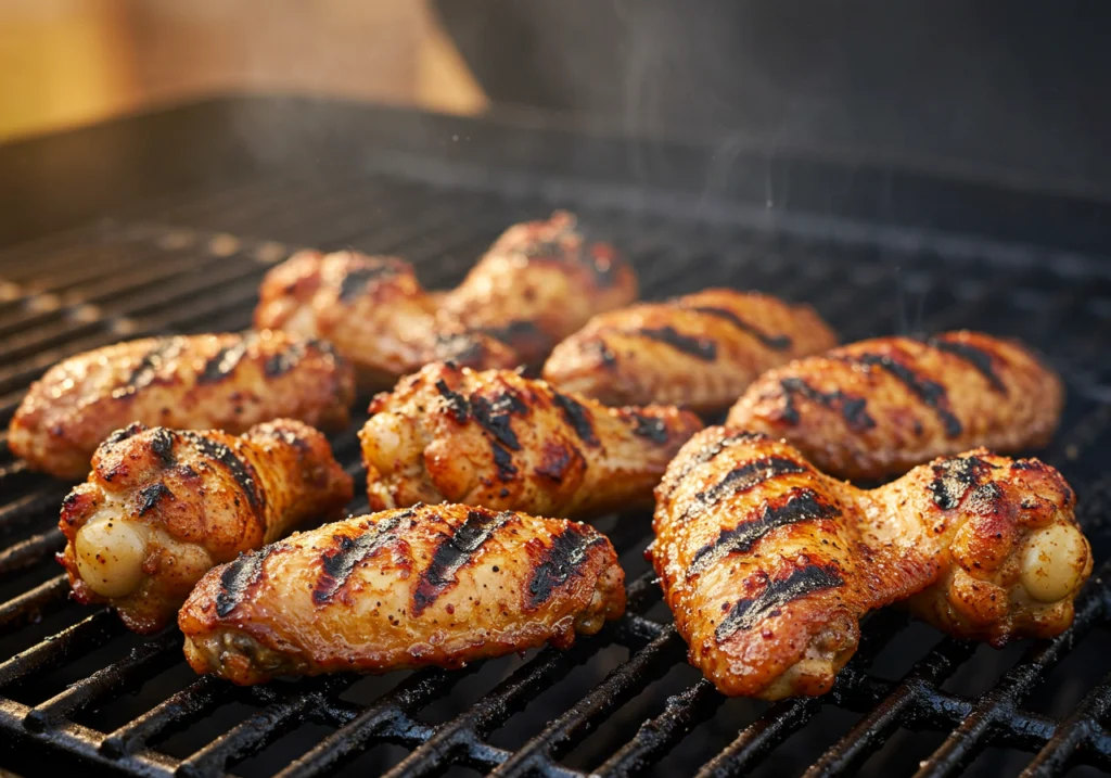 Grilled chicken wings with signature dry rub showing caramelized char marks