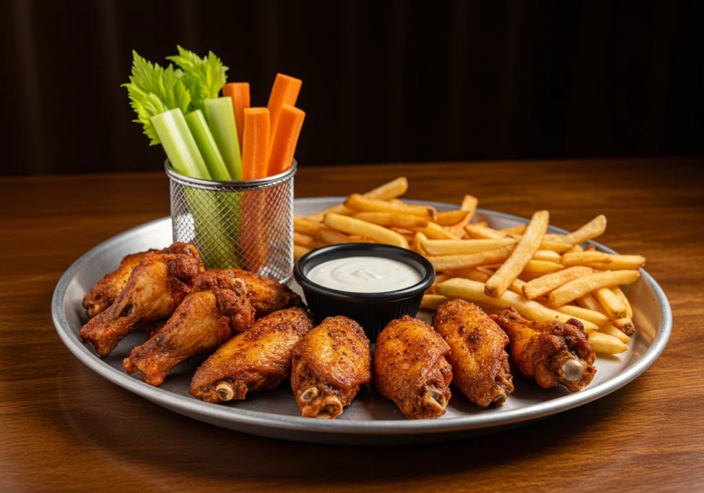 Dry rub chicken wings served with celery sticks, ranch dressing, and side dishes