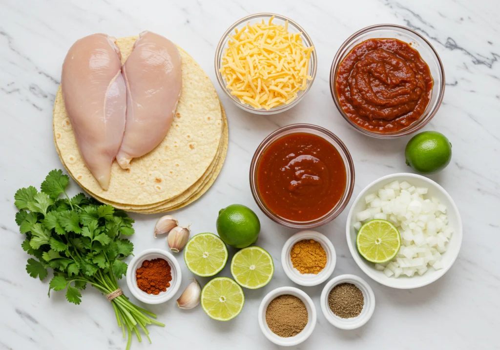 Chicken enchilada recipe ingredients including raw chicken, corn tortillas, cheese, onions, and enchilada sauce arranged on marble counter