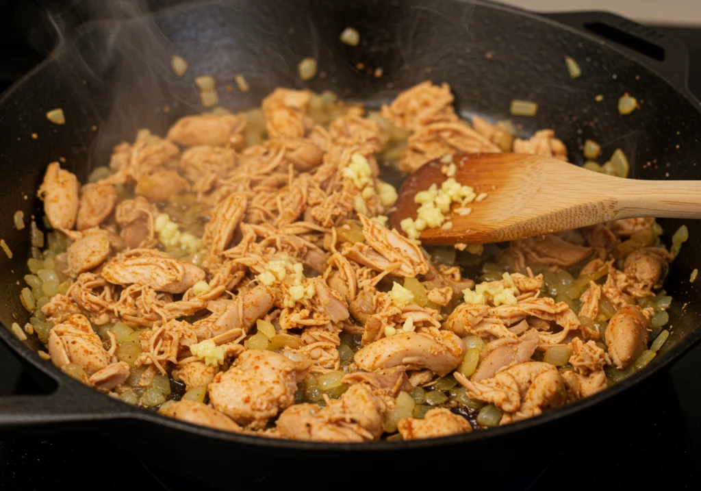 Seasoned shredded chicken mixed with sautéed onions and garlic in cast iron skillet for chicken enchilada filling