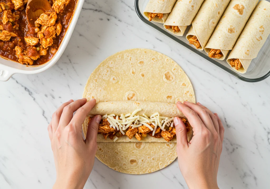 How to roll chicken enchiladas step-by-step showing hands filling corn tortilla with chicken mixture and cheese