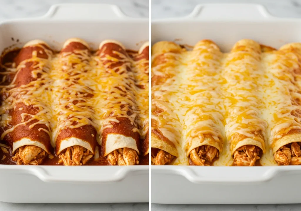Chicken enchiladas before and after baking comparison showing transformation from assembled to golden bubbly cheese