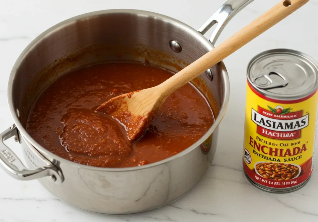 Homemade vs canned enchilada sauce comparison showing red sauce in saucepan next to store-bought brands