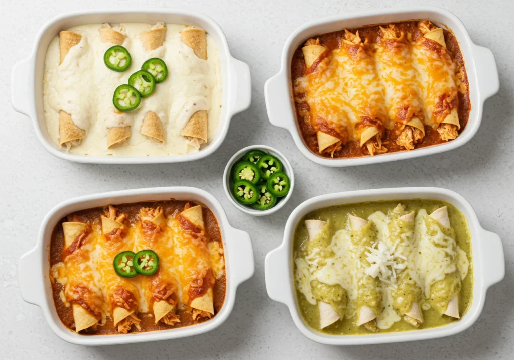 Three chicken enchilada recipe variations showing creamy, spicy, and green enchiladas in separate baking dishes