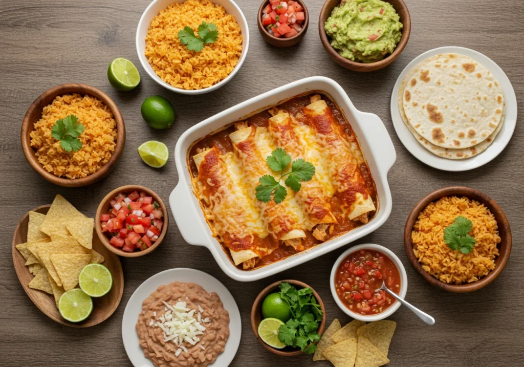 Complete Mexican dinner with chicken enchiladas, rice, beans, guacamole, and sides on wooden table