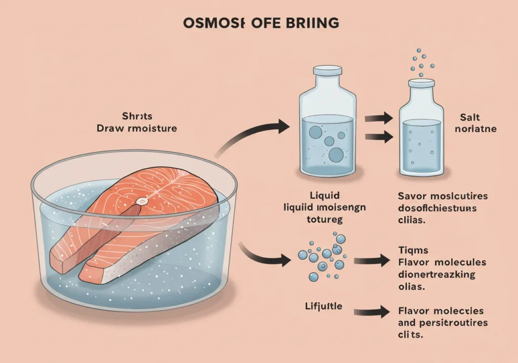 Diagram showing osmosis process in salmon brining, with arrows indicating moisture loss and flavor absorption.
smoked salmon brine recipe