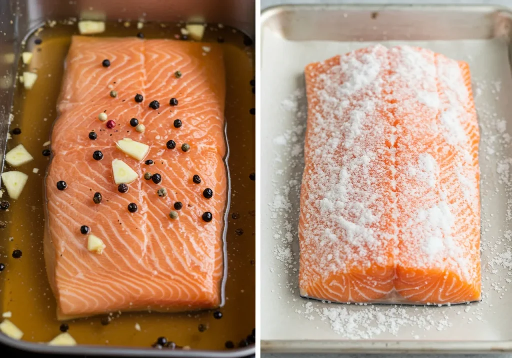 Side-by-side comparison of salmon in wet brine with garlic and peppercorns versus salmon coated in dry salt and sugar cure.

