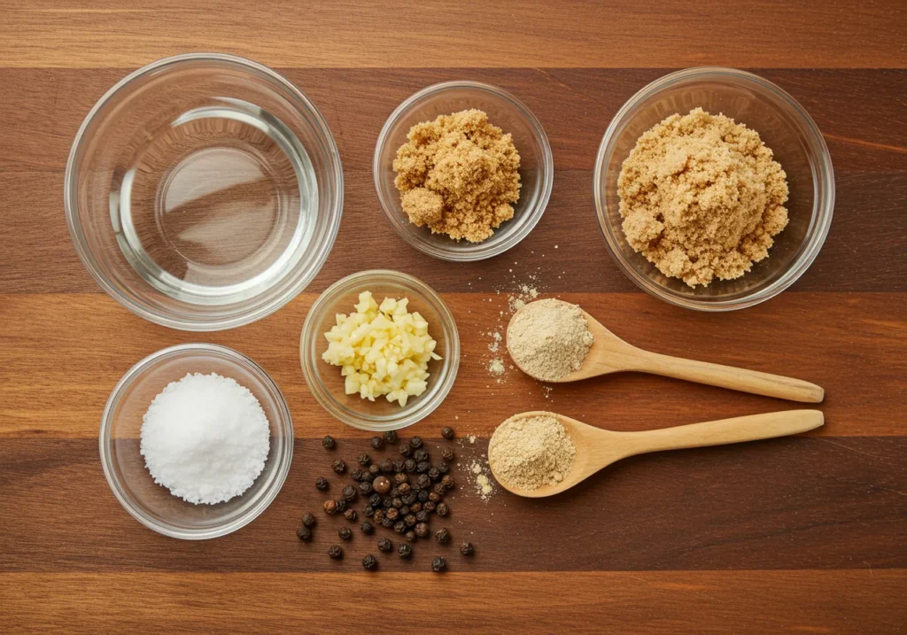Flat lay of brine ingredients including water, kosher salt, brown sugar, crushed garlic, onion powder, and peppercorns.

