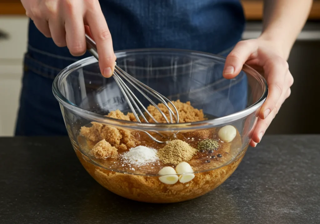 Hands stirring cold water with dissolved salt, sugar, garlic, onion powder, and peppercorns in a glass bowl.

