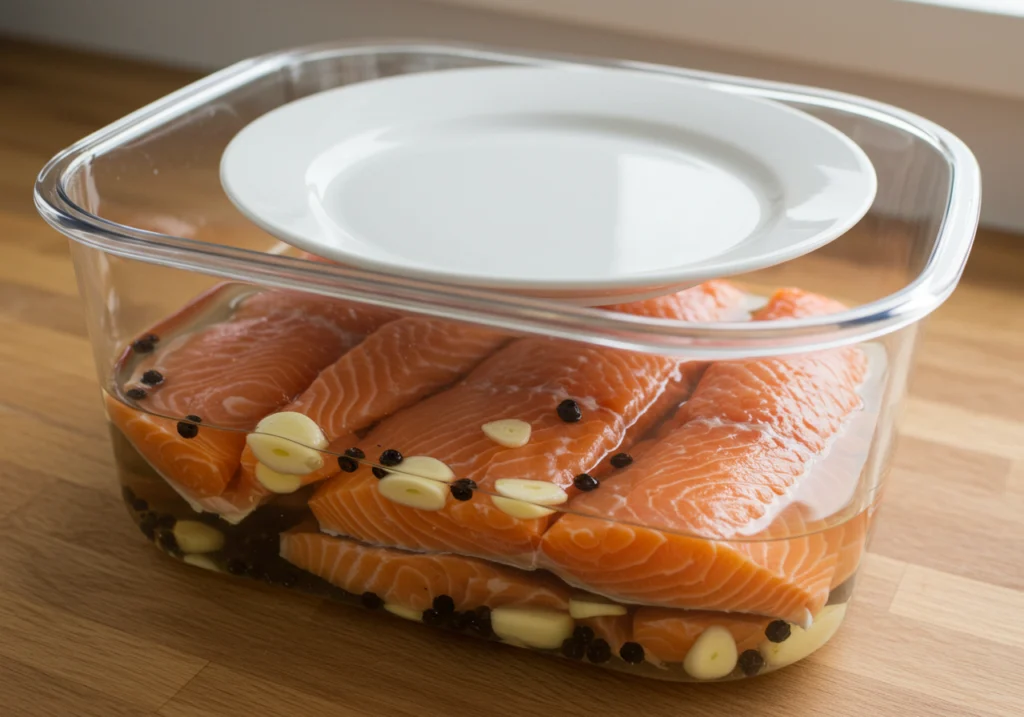 Salmon fillets fully submerged in a brine solution with garlic cloves and peppercorns, weighed down with a plate.

