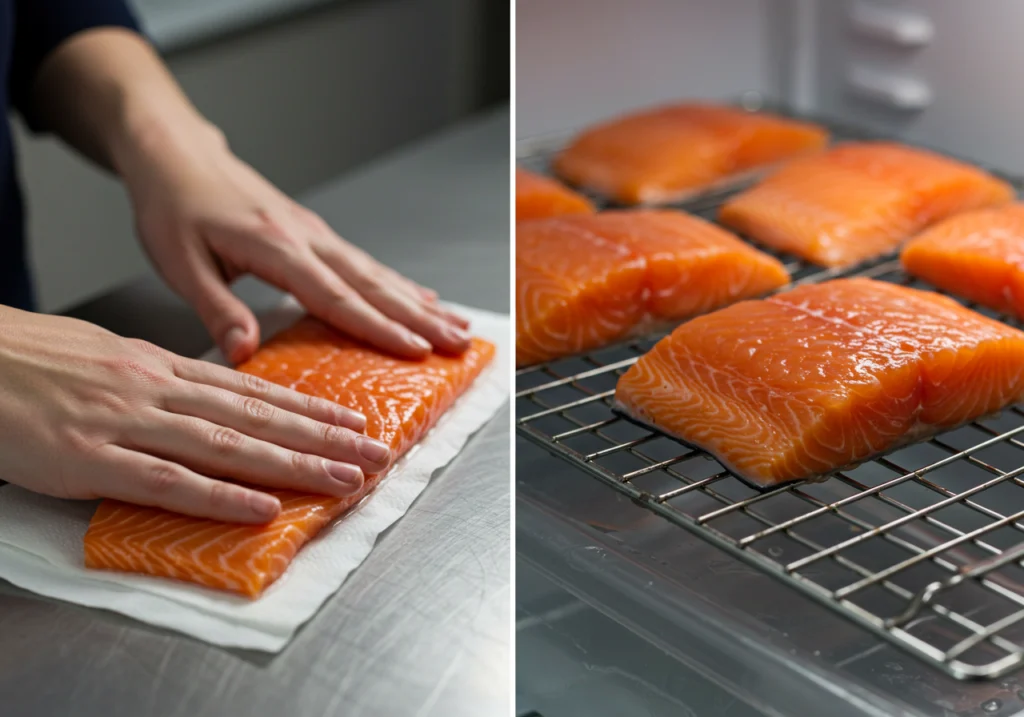 Person patting salmon fillet dry with paper towels, with other fillets air-drying on a wire rack in the refrigerator.

