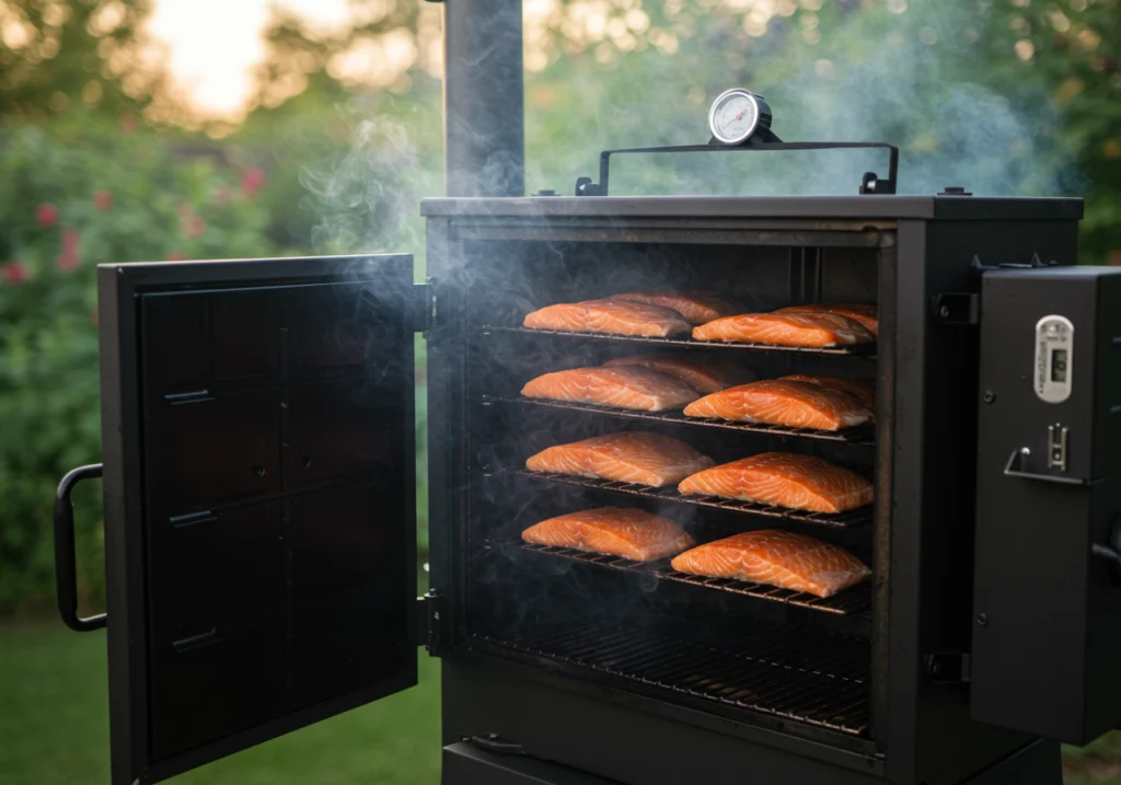 Outdoor smoker partially open showing salmon fillets smoking at 200°F, with light smoke and backyard background.

