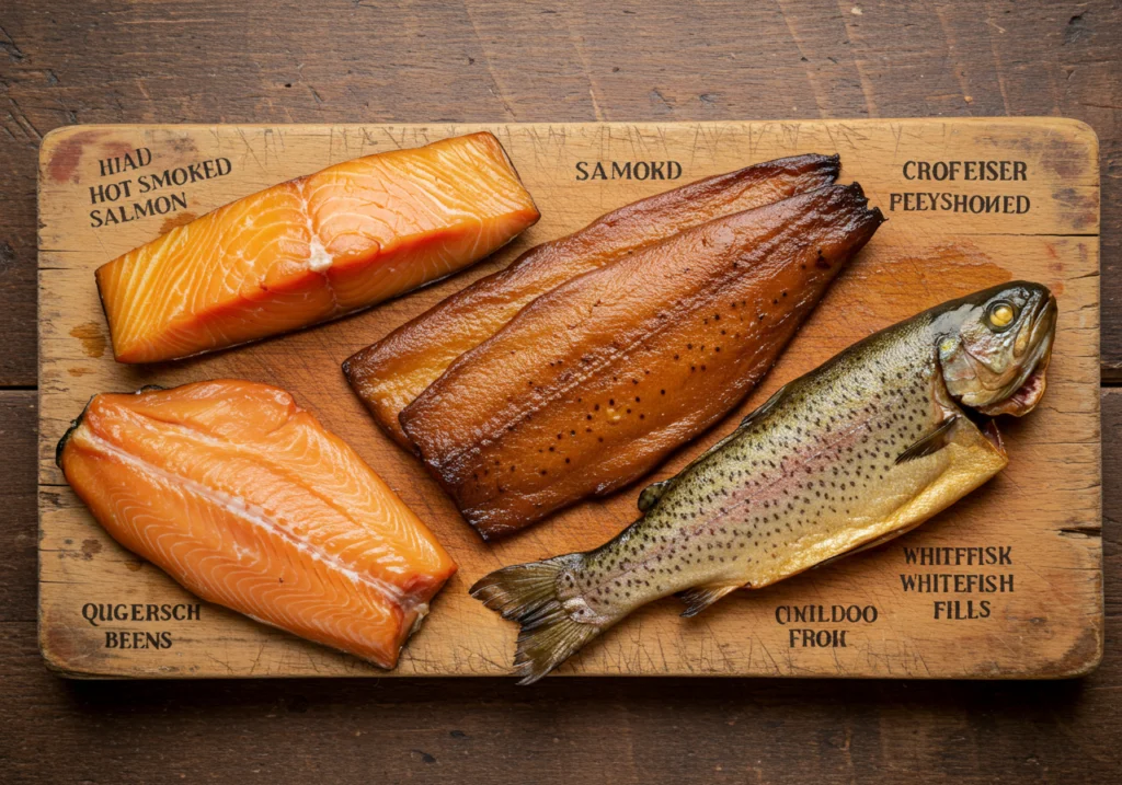 Different types of smoked fish for easy smoked fish dip - salmon, trout, and whitefish