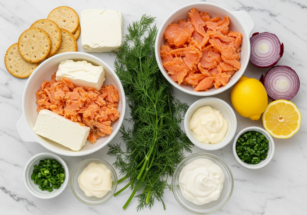 Fresh ingredients for creamy smoked fish dip recipe arranged on marble counter