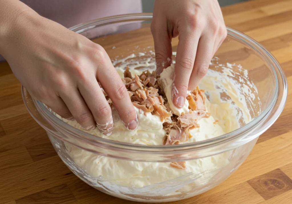 Step-by-step process of folding smoked fish into creamy base for fish dip
