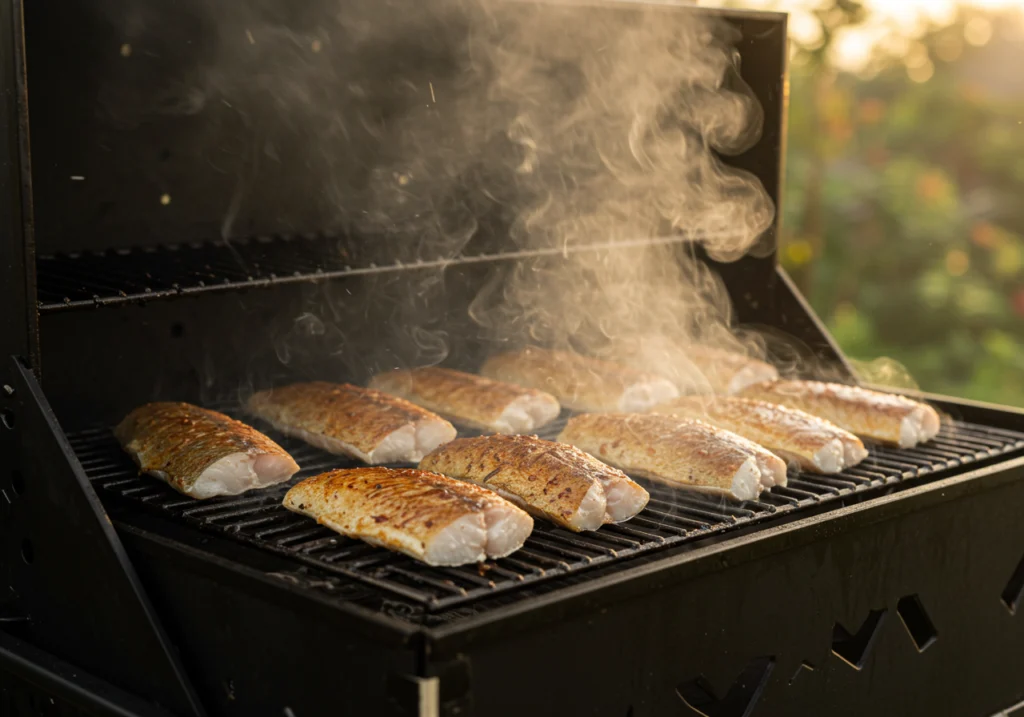 Smoking fresh fish fillets on grill for homemade smoked fish dip recipe
