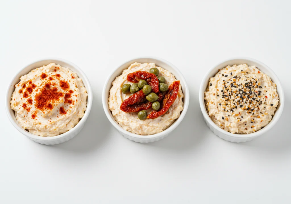Three delicious variations of smoked fish dip - Cajun, Mediterranean, and Everything Bagel