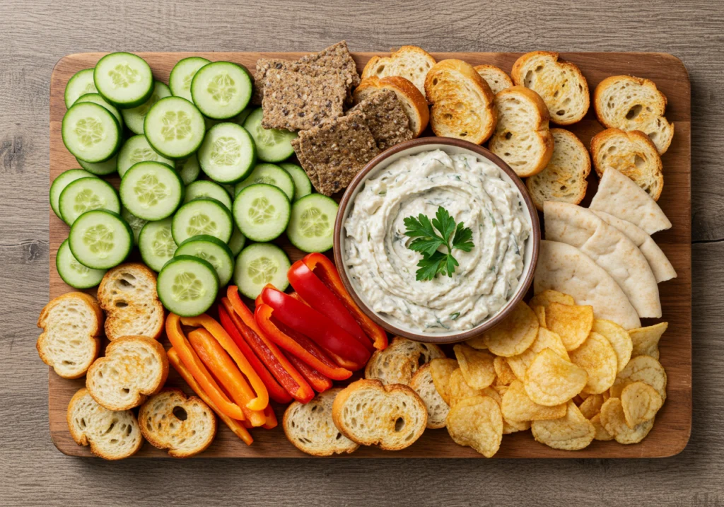 Complete serving spread showing what to serve with creamy smoked fish dip