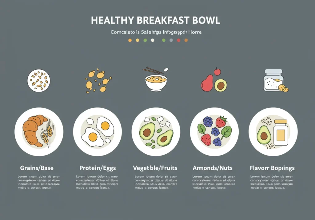 Infographic showing 5 key components of perfect breakfast bowl recipe - base, protein, vegetables, healthy fats, flavor boosters
