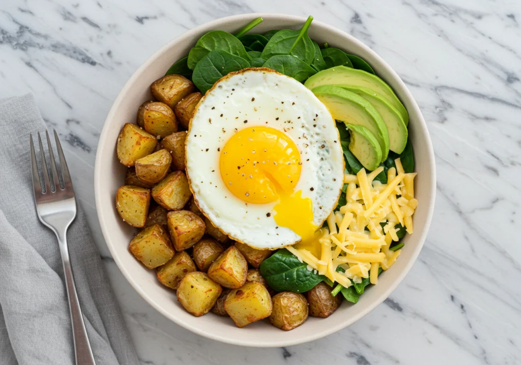 Classic potato and egg breakfast bowl recipe with spinach, avocado, and cheese in white bowl