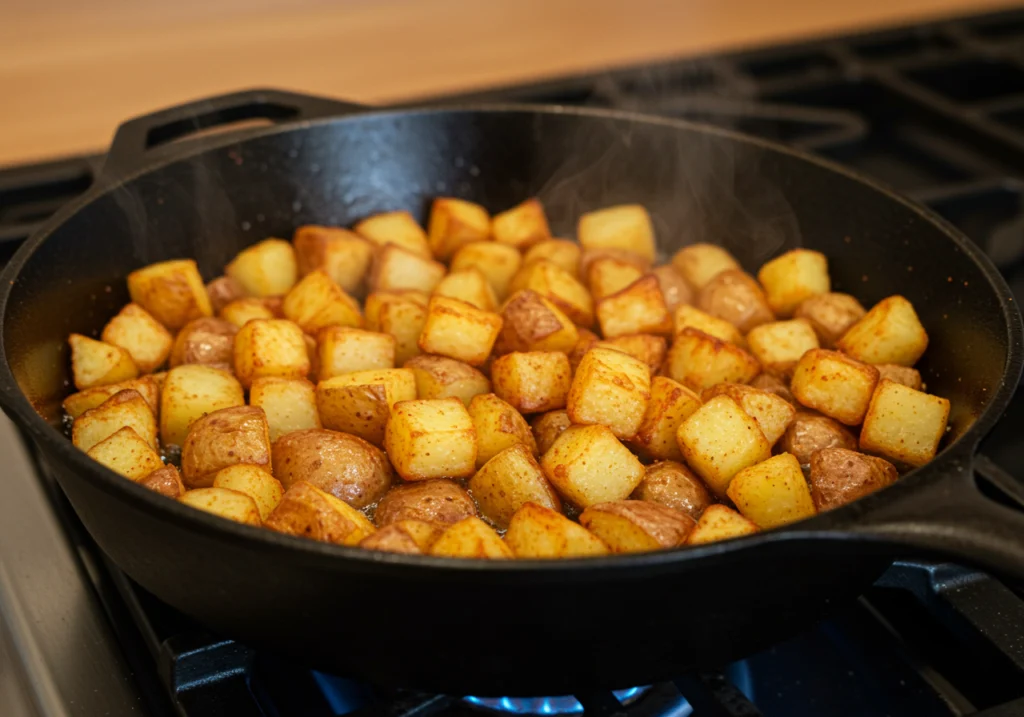 Golden crispy breakfast potatoes cooking in skillet for easy breakfast bowl recipe