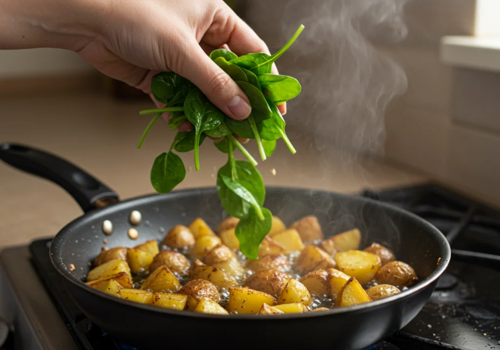 Adding fresh spinach to breakfast potatoes for healthy breakfast bowl recipe preparation