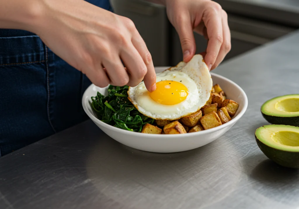 Assembling classic breakfast bowl recipe with potatoes, spinach, egg, and avocado