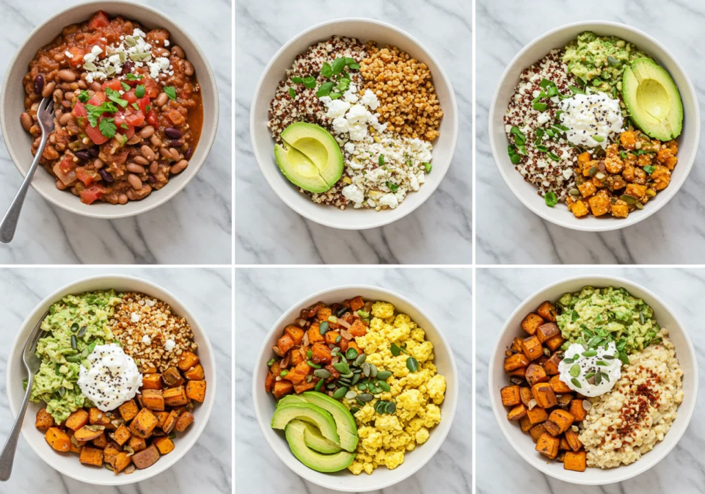 Collection of savory breakfast bowl recipe variations including Southwest, Mediterranean, and protein bowls