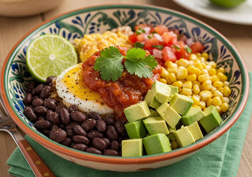 Southwest breakfast bowl recipe with black beans, corn, salsa, and fresh avocado