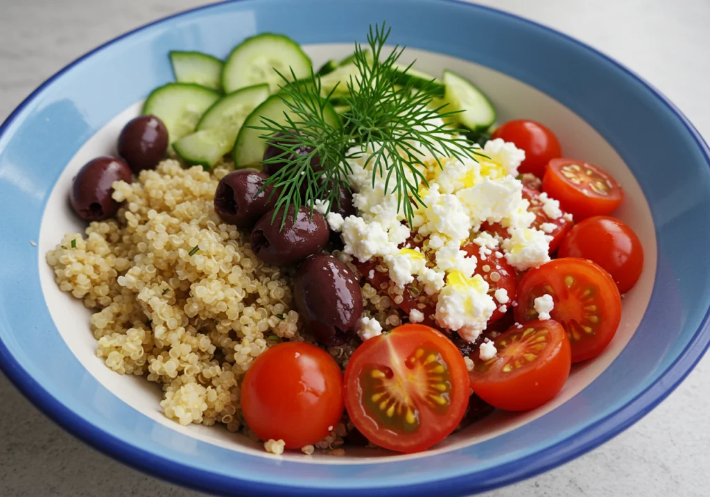 Mediterranean breakfast bowl recipe with quinoa, feta cheese, olives, and cherry tomatoes