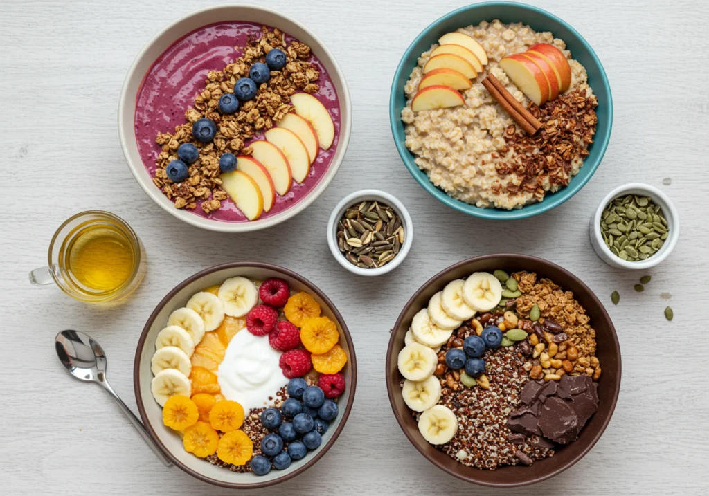 Sweet breakfast bowl recipe variations including berry smoothie bowl, oatmeal, and yogurt parfait
