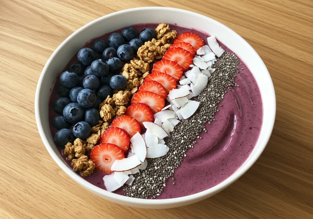 Berry smoothie breakfast bowl recipe topped with fresh fruit, granola, and coconut flakes