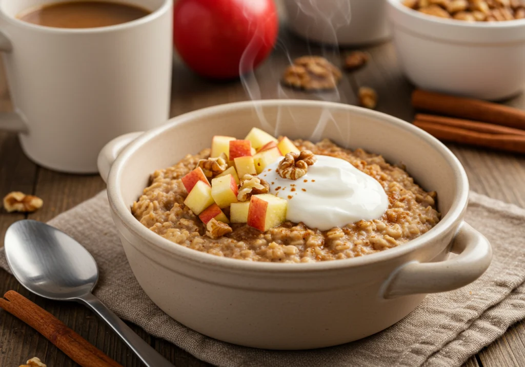 Apple cinnamon oatmeal breakfast bowl recipe with walnuts and Greek yogurt