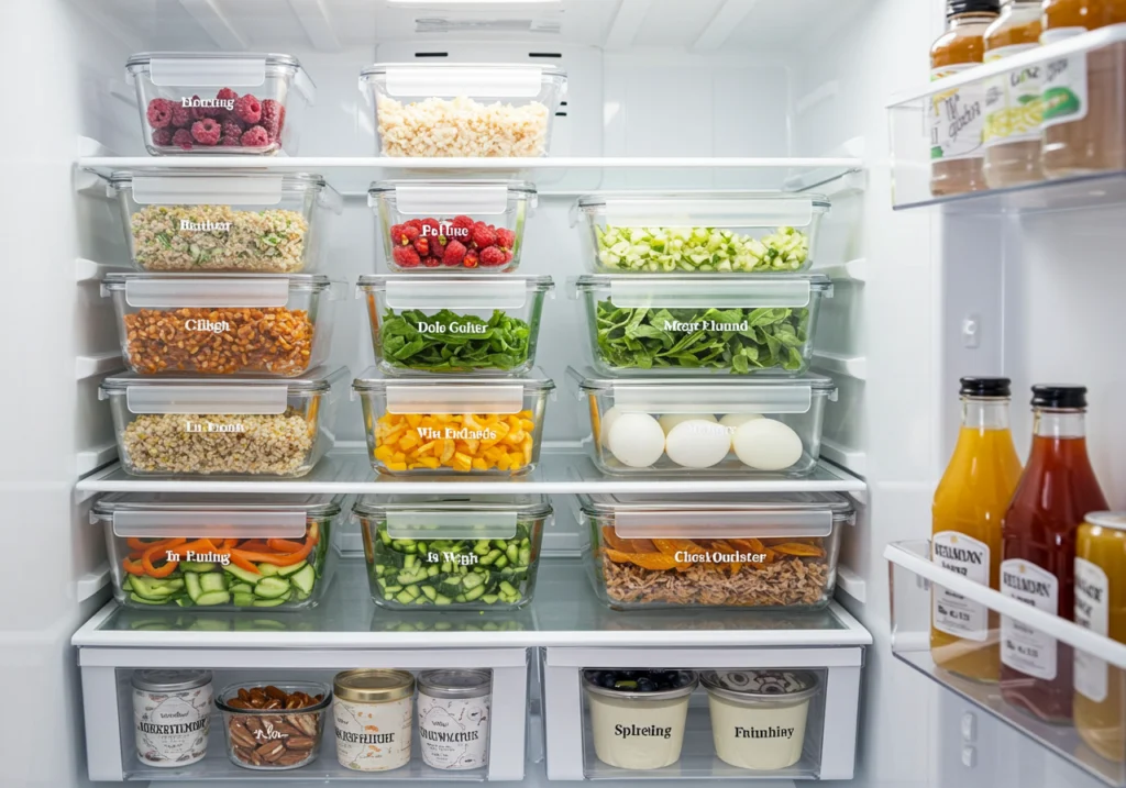 Breakfast bowl meal prep containers organized in refrigerator with prepped ingredients