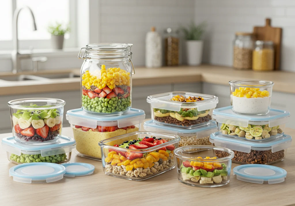 Glass meal prep containers and mason jars for storing breakfast bowl recipe ingredients
