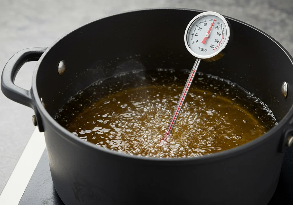 Deep frying thermometer showing correct oil temperature of 375 degrees Fahrenheit for fish batter frying
