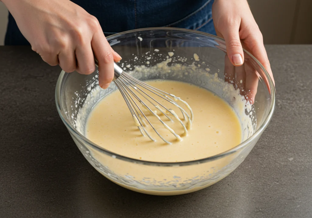 Hands whisking fish batter in glass bowl showing ideal consistency of thin pancake batter with slight lumps
