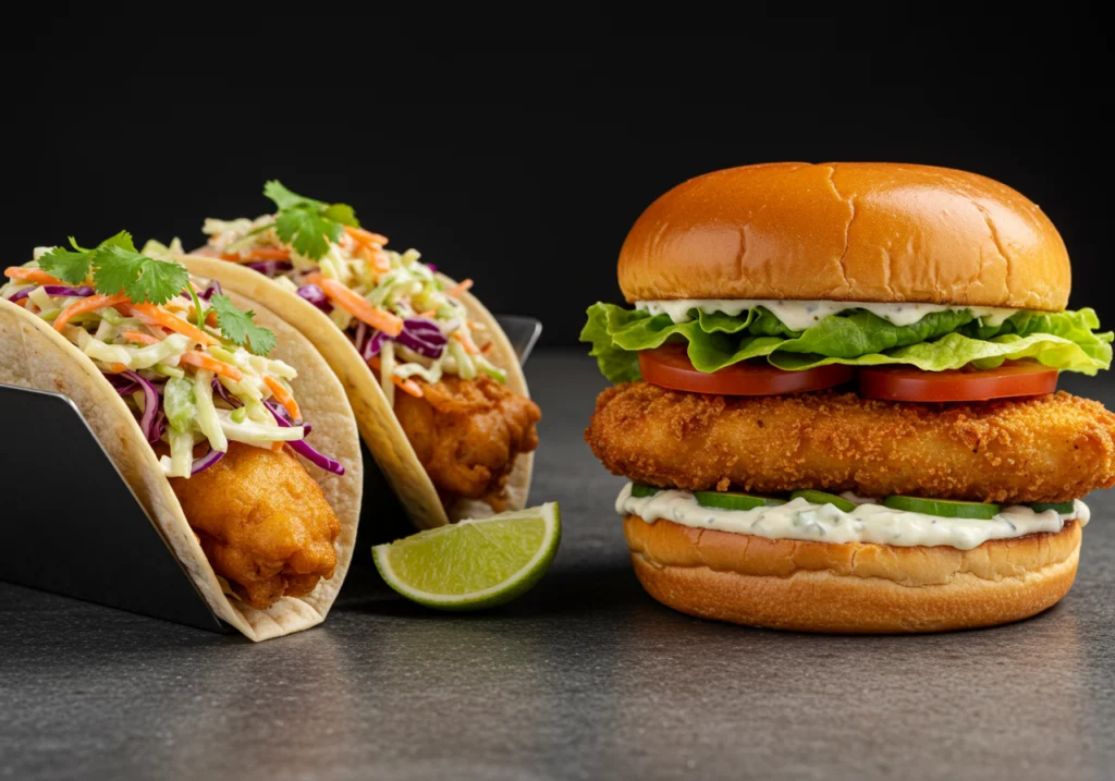 Creative fish serving ideas featuring fish tacos with cabbage slaw and fish sandwich on brioche bun with tartar sauce
