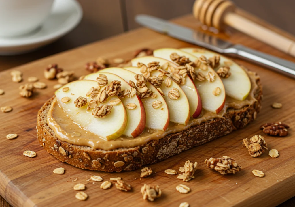 Apple peanut butter toast with granola - easy apple breakfast idea