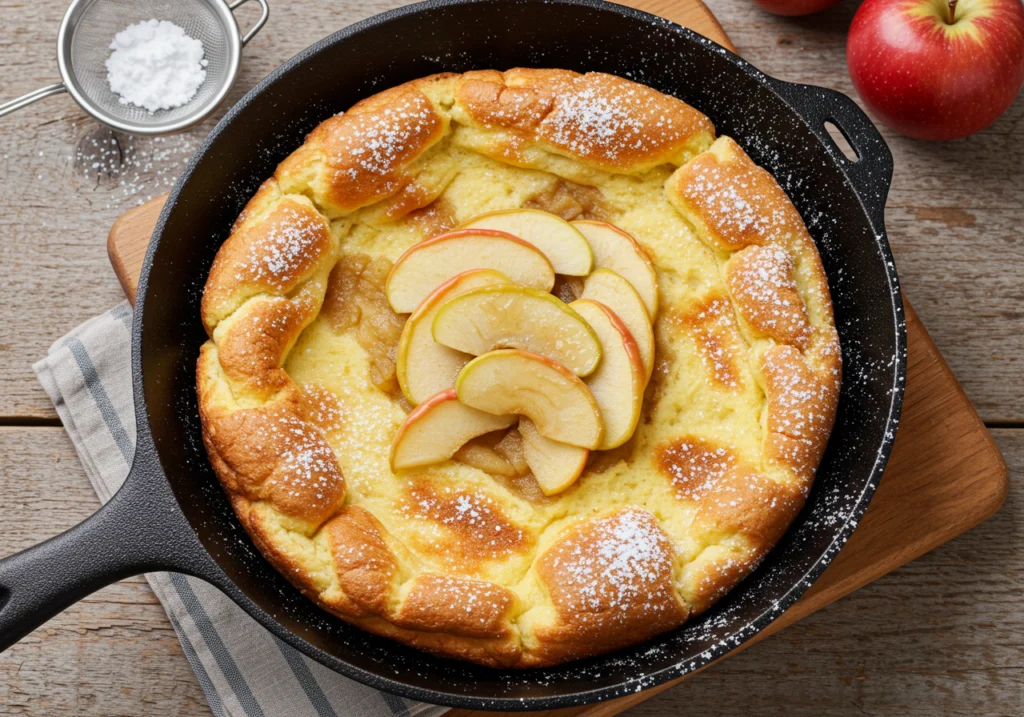 Apple Dutch baby German pancake in cast iron skillet