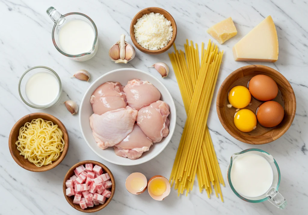 Easy chicken carbonara recipe ingredients laid out including raw chicken, pancetta, eggs, pasta, and grated cheese on marble surface