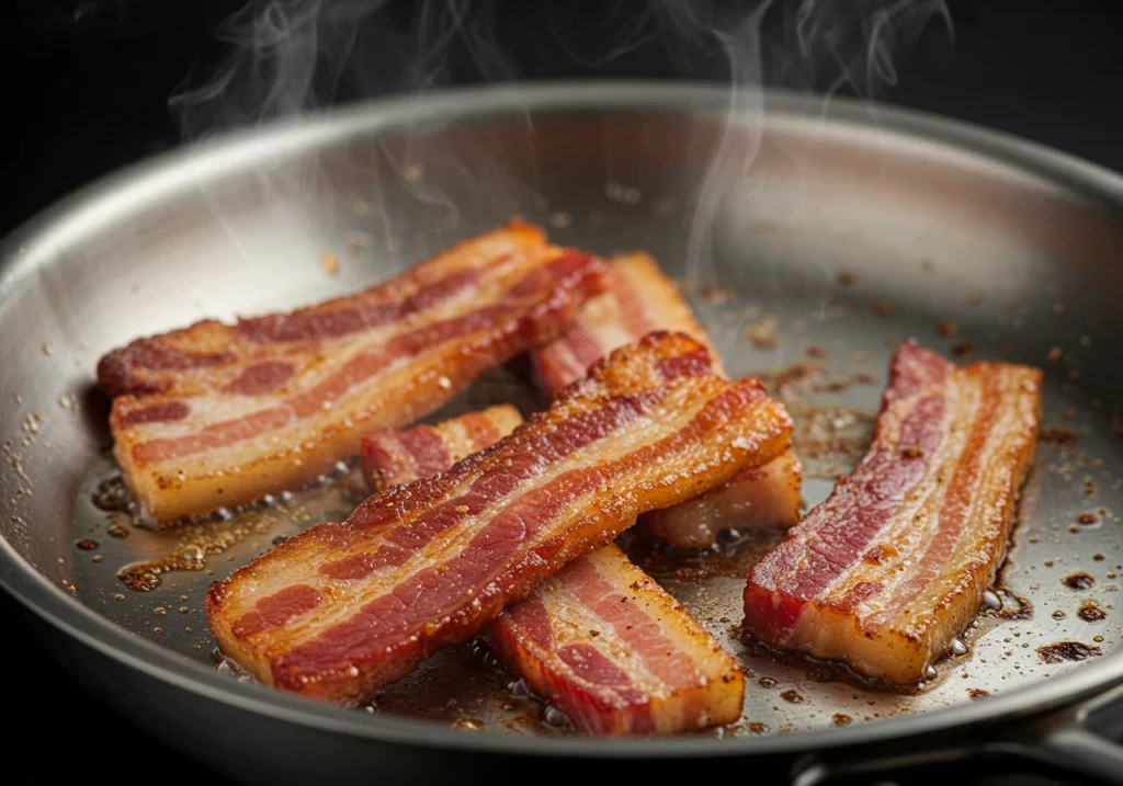 Golden crispy pancetta cooking in pan with rendered fat for best chicken carbonara recipe preparation
